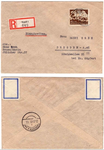 German Reich Michel 815 "The Brown Band of Germany" R-Brief Neuss 23.8.1943 to Dresden