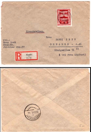 German Reich Michel 829 R letter from Neuss 08/13/1943 to Dresden