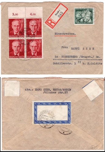 German Reich Michel 843 and upper edge block of four 856 on R-Brief o Neuss 1 8.8.1943 to Schneeberg