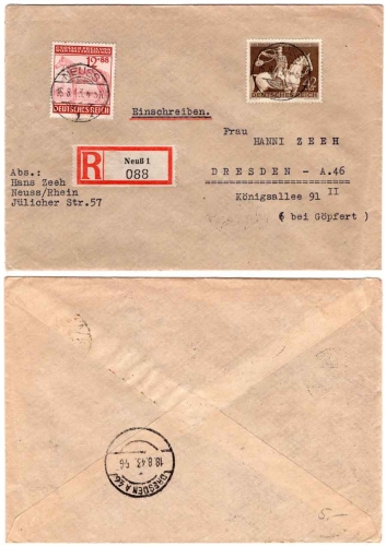German Reich Michel 854 858 "The Brown Band of Germany" R-Brief Neuss 16.8.1943