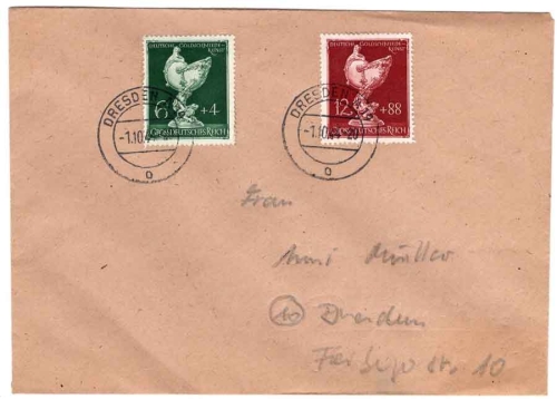 Deutsches Reich Michel 902 903 Goldschmiedekunst auf Brief o Dresden 1.10.1944