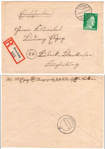 German Reich Michel A795 42 Pf. Hitler on R-Brief o Pirna-Copitz 1.11.1944 to Luebeck