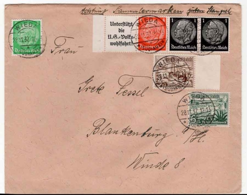 German Reich Michel W65 A8.1 + 517 + 512 + 512 se-tenant on letter from Wieda 28.11.1937
