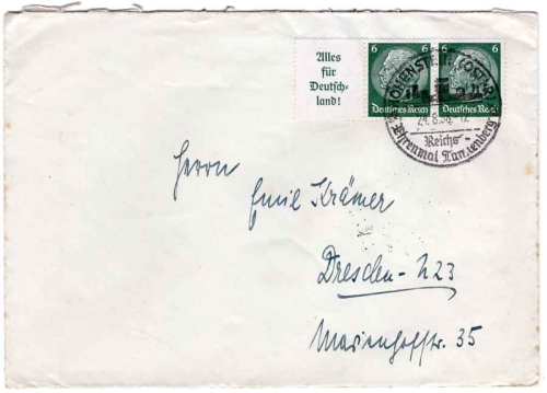 German Empire Michel W66 A9+516 se-tenant "Everything for Germany!" o Hohenstein 24.8.1938