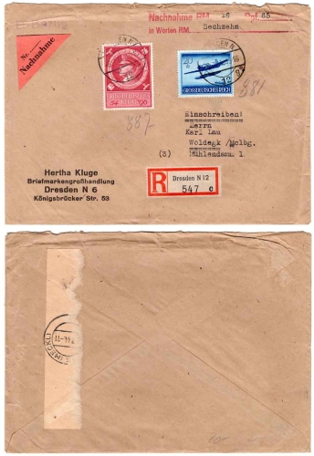 German Reich Michel 880 and 887 on delivery R-Brief Dresden N12 o 07/06/1944