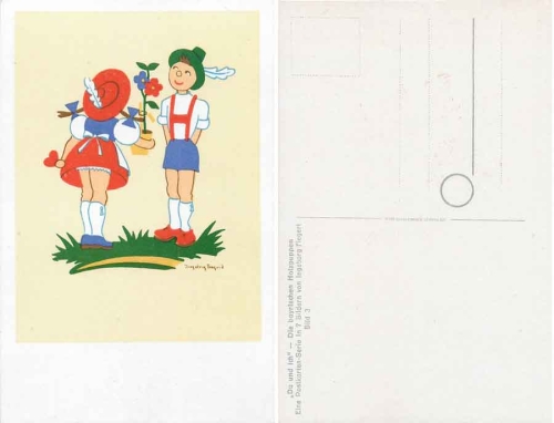 The Bavarian wooden dolls "You and I" artist card Ingeborg Fiegert card 3 around 1940