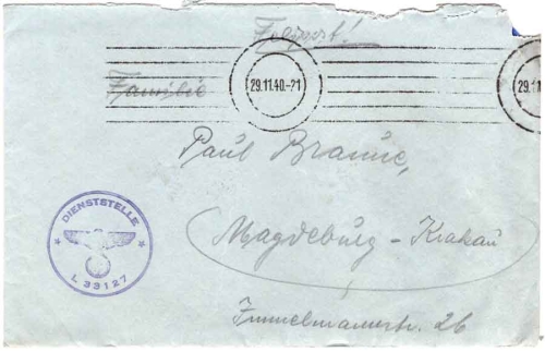 Office L 33127 field post WWII o silent stamp 29.11.1940 probably airport area Air Intelligence Company e.g. V. 18