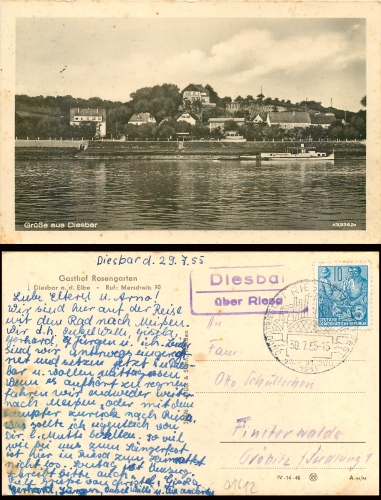 01612 Diesbar Gasthof Rosengarten Posthilfsstellenstempel o 30.7.55