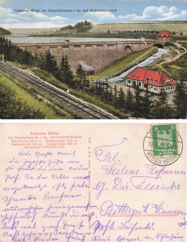 Dippoldiswalde Malter dam with electricity plant o April 19, 1927