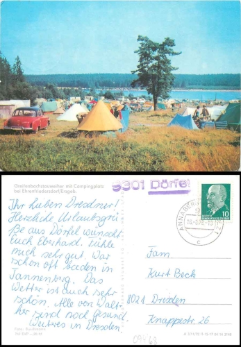 09487 Doerfel country postmark on AK Ehrenfriedersdorf campsite o 16.8.1972