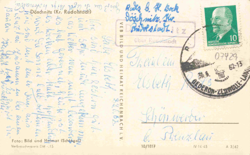Döschnitz Schwarzatal Landpoststempel Döschnitz über Rudolstadt o 1962
