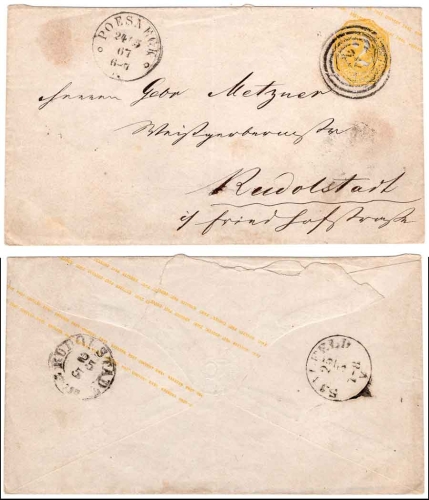North German postal district 2 Kreuzer yellow on postal stationery cover o Poesneck May 24, 1867 to Rudolstadt