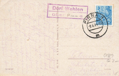 01829 Village Wehlen above Pirna rural postmark o 8.6.1954 on AK Amselfall