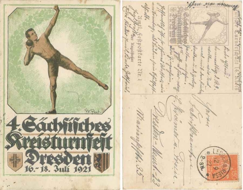 Dresden 4. Sächsisches Kreisturnfest 1921 Amtliche Festpostkarte Nr.1 Der Kugelstosser