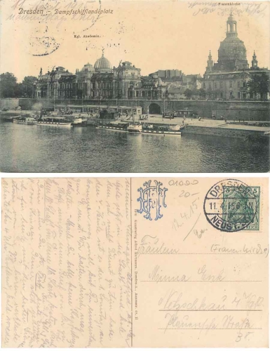 Dresden Dampfschifflandeplatz mit Elbdampfer "Riesa" und Frauenkirche o 12.4.1915