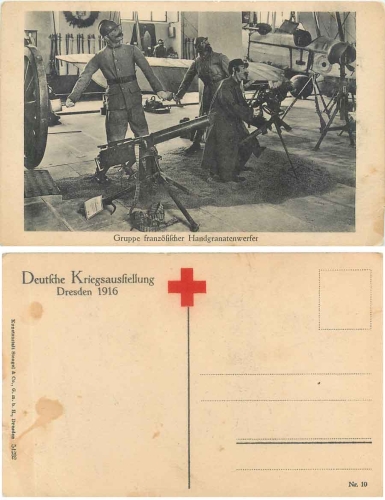 Dresden German War Exhibition 1916 French hand grenade launchers Red Cross card