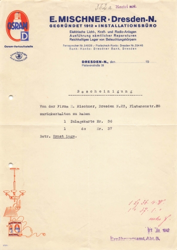 Dresden E. Mischner Platanenstrasse 28 letterhead with Osram advertising 1942