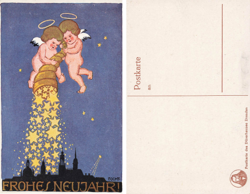 Dresden Frohe Neujahr Künstlerkarte Gocht mit Engeln * um 1920