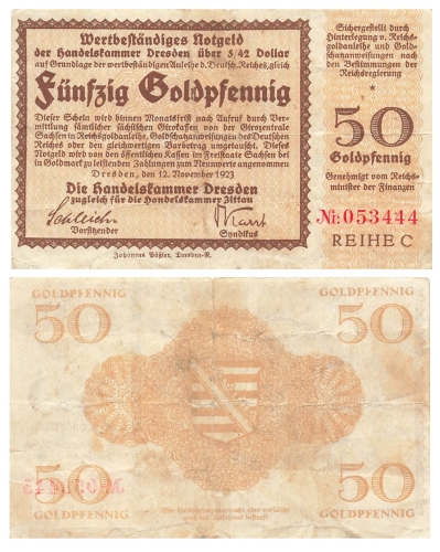 Dresden Fifty gold pfennigs over 5/42 dollars 1923 Stable emergency money