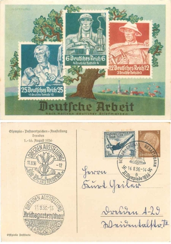 Dresden Olympia Postwertzeichen Ausstellung Ganzsache 3 Pfennig Hindenburg Sonderstempel 11.8.1936