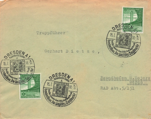 Dresden Heimatwerk Sachsen Sonderstempel auf Brief Sonderschau Die Sachsische Briefmarke o 1938