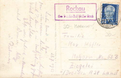 Hosterwitz Dresden Keppmuehle Landpoststempel Rockau o 1952