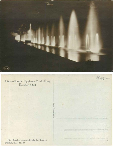 Dresden International Hygiene Exhibition 1931 ​​​​​​​Official card no. 37 Hundertbrunnenstrasse at night