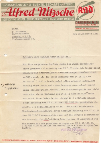 Dresden Kaiser Wilhelm Platz Alfred Nitzsche Elektro wholesaler letterhead 1941