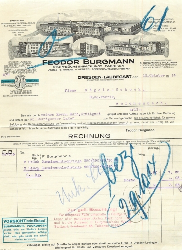 Dresden Laubegast Stuffing Box Pack Factory Feodor Burgmann Letterhead with factory view 1914