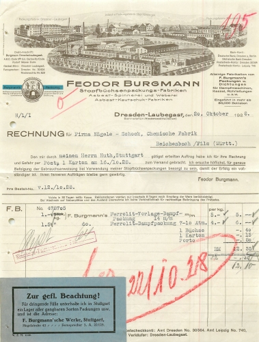 Dresden Laubegast Stuffing Box Pack Factory Feodor Burgmann Letterhead with factory view 1928