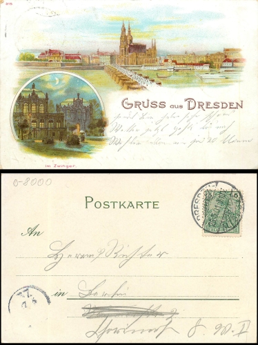 Dresden Farblitho Zwinger Augustusbrücke o 26.5.1901
