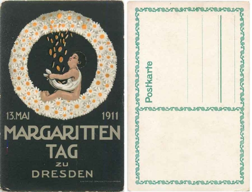 Dresden Internationale Hygiene Ausstellung 1911 Karte 70 Schweizer PavillonDresden Margarittentag 13. Mai 1911 Kind im Kranz