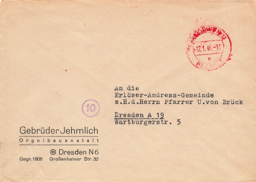 Dresden N13 red paid stamp on letter o January 12, 1946 from Jehmlich Orgelbauanstalt