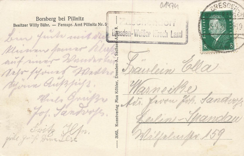 Pillnitz Dresden Borsberg Landpoststempel Zaschendorf o 1930