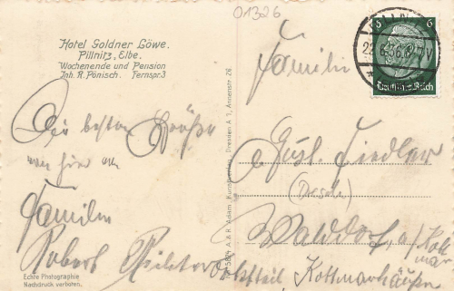 Pillnitz Dresden Hotel Goldener Loewe R. Poenisch Lindengarten o 1936