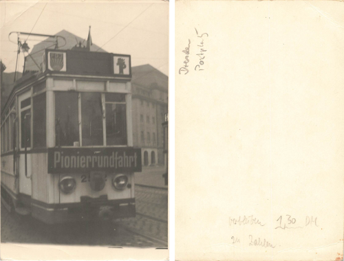 Dresden Postplatz tram pioneer tour real photo card around 1950