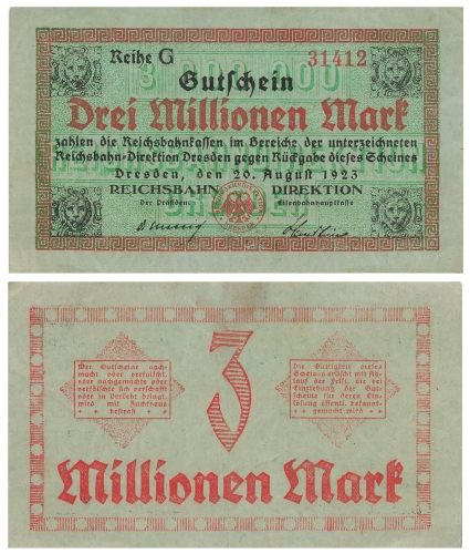 Dresden Reichsbahn Direktion Drei Millionen Mark Gutschein 20. August 1923 Notgeld