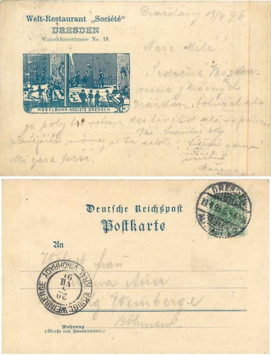 Dresden Restaurant Societe bowling alley Waisenhausstrasse Litho o April 19, 1896