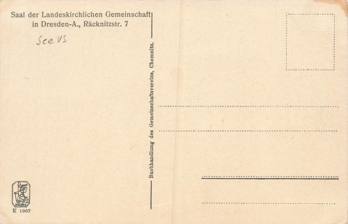Seevorstadt Dresden Räcknitzstrasse 7 Saal der Landeskirchlichen Gemeinschaft * um 1930