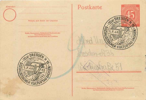 Control Council issue postal stationary 45 Pfennig special cancellation Dresden N15 Socialist Culture Day Saxony 1.7.1948