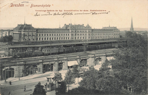 Dresden Suedvorstadt Bismarckplatz with train station back o 1913