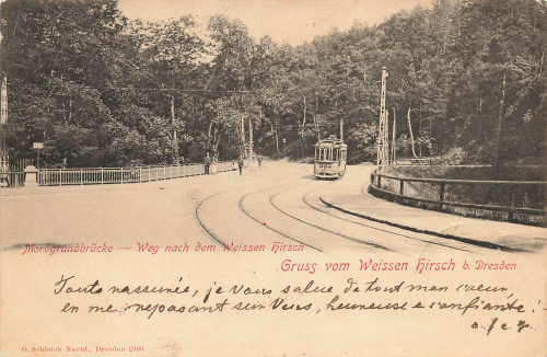 Weisser Hirsch Dresden Mordgrundbruecke mit Tram o 1900