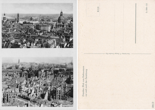 Dresden from the Town Hall tower towards the Frauenkirche before and after its destruction in World War II * 1953 ​​​​​​​Verlag Hunger 326 D