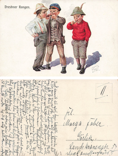 Dresden Rangen smoking boys artist card used around 1910