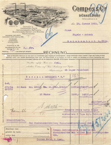 Dusseldorf Ceresin and wax factory Compes & Co. Letterhead with factory view 1923