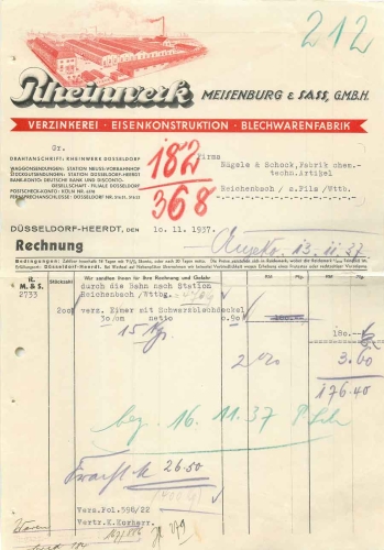 Düsseldorf Heerdt Rheinwerk Blechwarenfabrik Meisenburg & Sass GmbH Briefkopf mit Fabrikansicht 1937