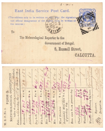 East India Service Post Carad Quarter Anna Ganzsache o Hazariba 3.10.1890 nach Calcutta