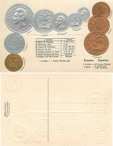 Ecuador coin map currency gold embossed map *approx. 1920