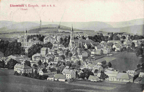 Eibenstock Erzgebirge Totalansicht Bahnpost Chemnitz-Aue-Adorf Zug 1776 o 1908
