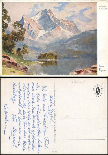 Eibsee mit Zugspitze, Künstlerkarte Hanns Maurus, gebr. ca. 1950
